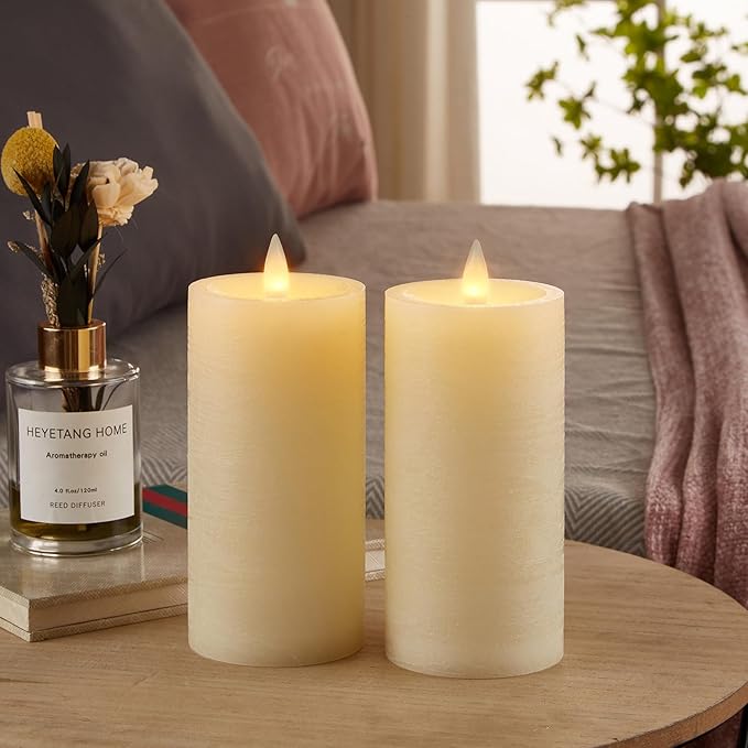 Flameless Pillar Candles Flickering with Remote Timer, Battery Operated LED Candles Up to 400 Hours, 3D Moving Flame Real Wax Candles. (Ivory Water Ripples-2 Pack)