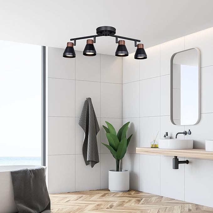 4 Light Modern Track Lighting Kit Black and Faux Wood Finish, Flexibly Adjustable Arm with Multi-Directional Ceiling Spotlight for Kitchen, Bedroom, Living Room,Ding Room Gu10 Not Included