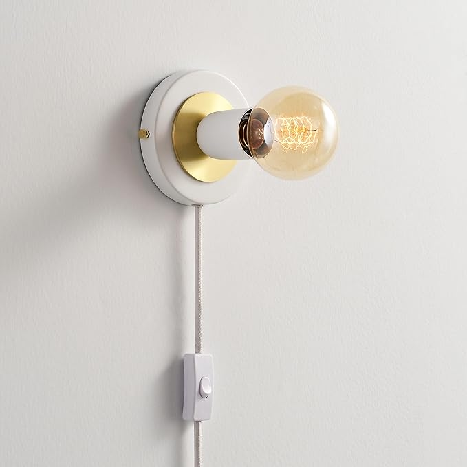 BRIGHTTIA Luna 1-Light Plug-in Wall Sconce - Mid Century Modern Minimalist Bedroom Home Office Lighting - Portable Wall Lamp for Apartments & Small Spaces with No J-Box - White & Gold (BW0026-1WGP)