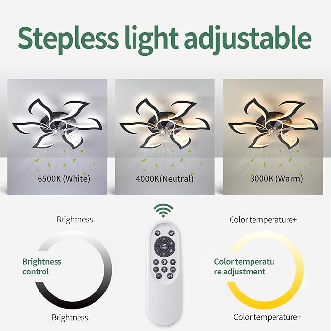 Modern Ceiling Fan with Light and Remote, Low Profile Ceiling Fans with Lights, 32 Inch Black Flush Mount Ceiling Fan with 3 Light Color 6 Speeds, Fandelier Ceiling Fans for Kitchen Bedroom