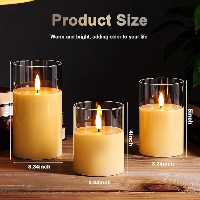 Gold Flameless LED Candles with Remote & Timer, 3-Piece Flickering Pillar Candle Set, Realistic Flame Effect, Adjustable Brightness, Battery Operated Candles for Home Decor, Wedding & Holiday