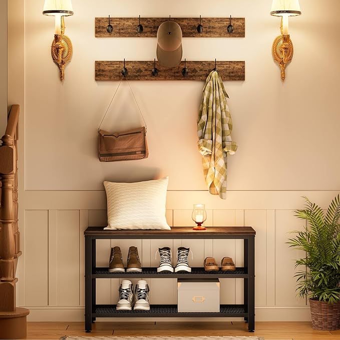 HOOBRO Hall Tree Entryway Storage Bench, Coat Rack Shoe Bench, Shoe Rack Organizer with Coat Hooks, 3-in-1 Design, Wooden Furniture with Metal Frame, Rustic Brown and Black BF17MT01