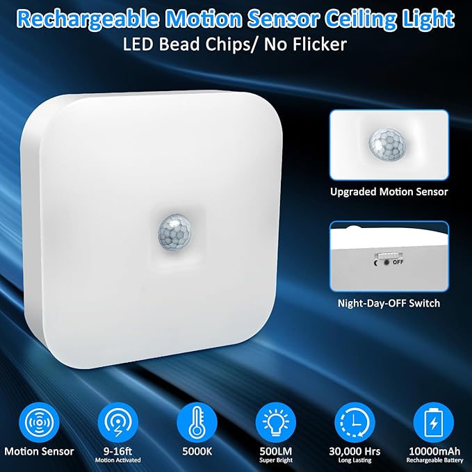 TOOWELL Waterproof Rechargeable Shower Light Indoor - 10000mAh Motion Sensor Closet Lights, Battery Operated Ceiling Light for Shower Closet Patio Pantry Hallway Porch Stair
