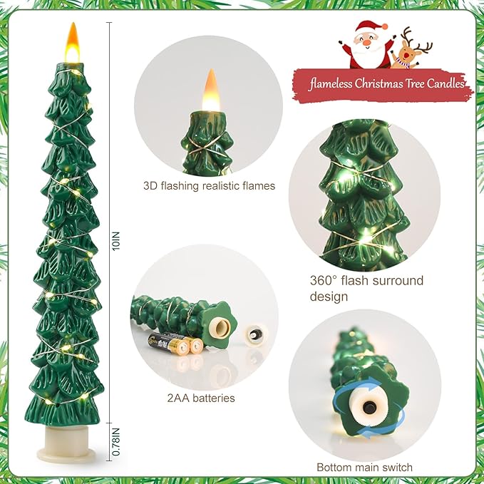 2-Pack Christmas Tree Flameless LED Candles with String Lights, Realistic 3D Flickering Flame, Remote Control, Battery-Operated Christmas Decorations for Home & Holiday Display