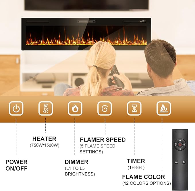 2025Upgraded 72” Recessed and Wall Mounted Electric Fireplace, Ultra Thin Narrow Beleze Fire Places with Remote Control, Screen Control,Adjustable Flame Colors and Speed