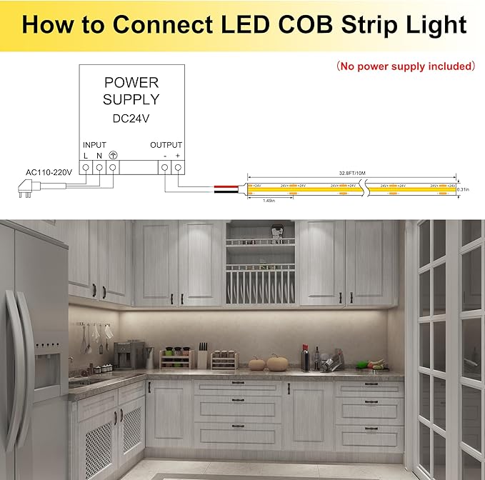 32.8ft COB LED Strip Lights Waterproof IP68, 6000K Daylight White Outdoor 24V Dimmable Silicone LED Tape Lighting High Density, 6000LM+, 3200LEDs Clips and Screws(Power Supply Not Included)