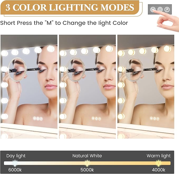 Aluminum Frame LED Makeup Mirror, 23x18 Lighted Vanity Mirror with 15 Dimmable LED Bulbs, 3 Color Modes, 3X Magnifying Mirror, Touch Dimmer, USB Type-C Port, Detachable Base, Wall Mountable
