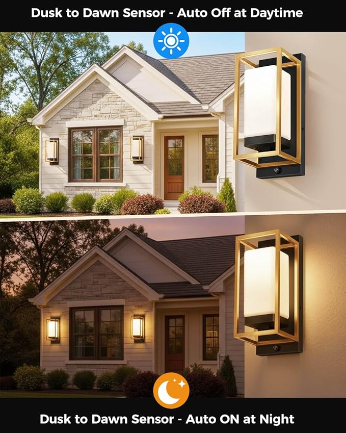 RAYVO Modern Outdoor Wall Light with Dusk to Dawn Sensor, Waterproof Exterior Light Fixture with E26 Base, 3000K LED Bulb Included, Outdoor Sconce Lights for Porch Garage Entryway