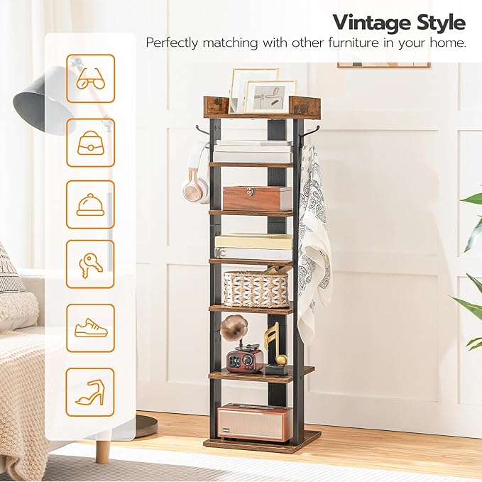 HOOBRO Vertical Shoe Rack for Front Door Entryway, 7 Tier Wooden Shoe Storage Organizer with Hooks, Narrow Shoe Tower for 7 Pairs, Space Saving, for Corner, Closet, Bedroom, Rustic Brown BF61XJ01