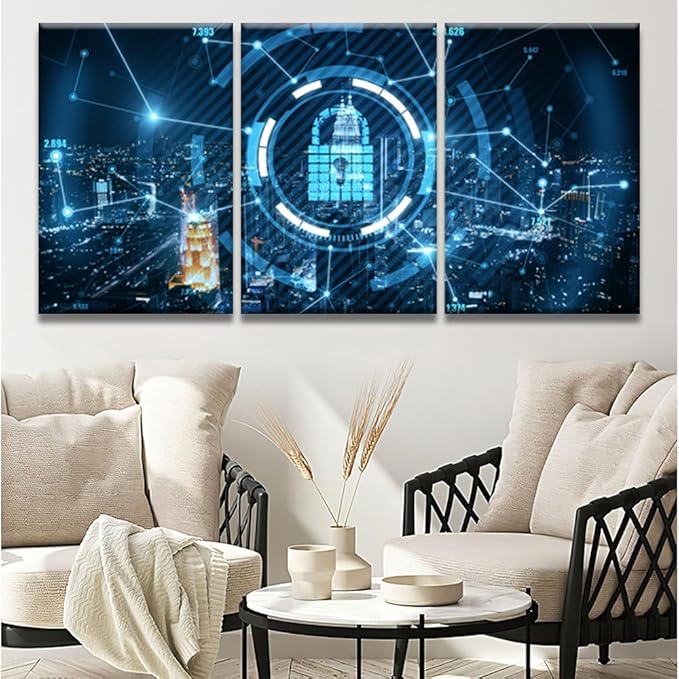 3 Panel Modern Wall Art Data Safety Security Concept Double Exposure Poster on Canvas for Bedroom Living Room Wall Decoration, Cloud Services Artwork Giclee Framed Ready to Hang, 16x24inchx3