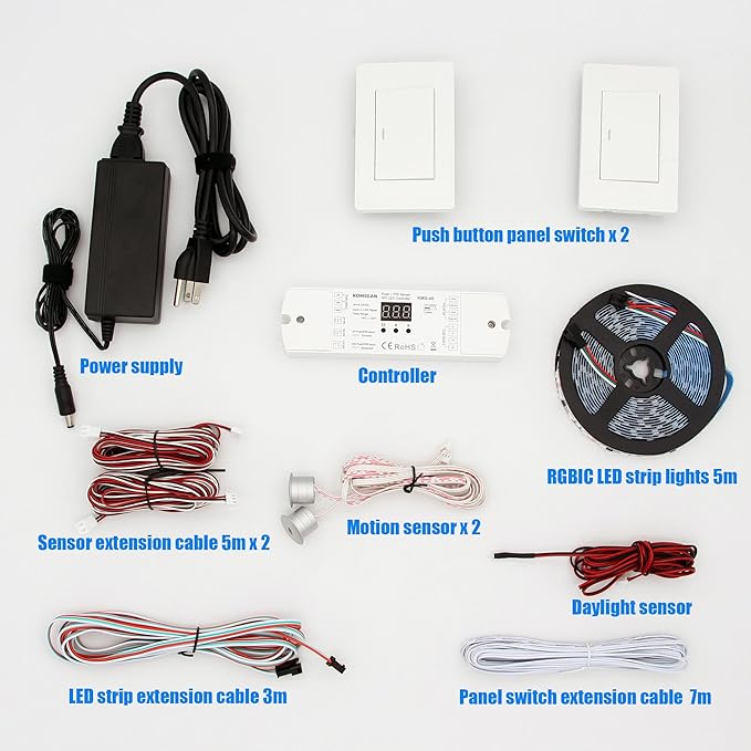 Motion Sensor With Daylight Sensor LED Stair Light Kit KMG-45, 16.4FT RGB Cuttable LED Strip Light for Indoor Handrail stair lights