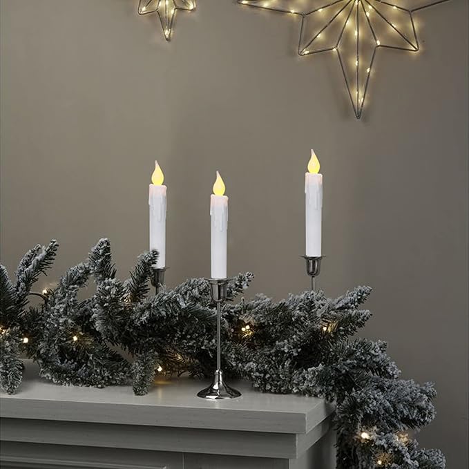 CVHOMEDECO. Flickering Taper Candles LED Drip Flameless Candles, Battery Operated with Timer, White, 6-3/4 Inch, Set of 6