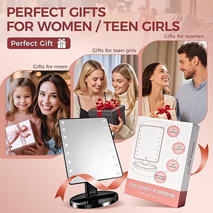 KOOKIN Lighted Vanity Makeup Mirror Led Lights 180 Degree Rotation Lighted Mirror Touch Screen Adjusted Brightness Desk Mirrors USB Dual Supply Bathroom Beauty Cosmetic Mirrors (Black)