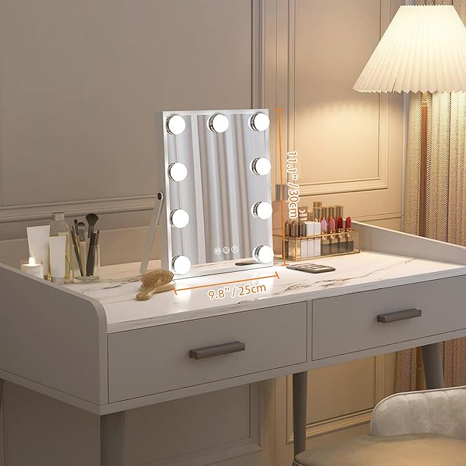 Vanity Mirror with Lights, Hollywood Vanity Makeup Mirror with Lights, Lighted Make Up Mirrors with 9 Dimmable Bulbs, 360 Degree Rotation Mirror, Smart Touch Control, 3 Color Modes (12" L x 10" W)