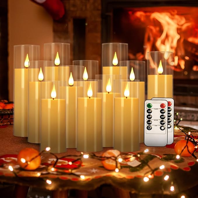 12 Packs of Acrylic LED Candles, Flickering Flameless Candles Battery Operated with Remote Dimmed and Timed, 3D Wick Candles for Home Decor,Wedding,Gift，Parties and Festivals. (3 Size Ivory)