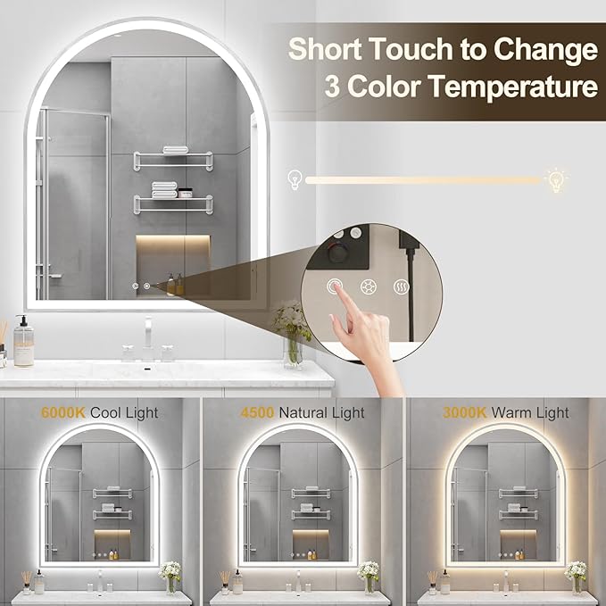 Arched LED Mirror for Bathroom 30"x36", Silver LED Bathroom Mirror with Lights-Fogless, Dimmable, 3 Color Changing, Touch Sensor
