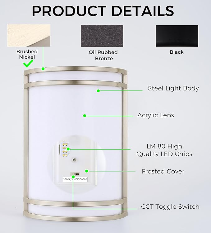 CLOUDY BAY LED 3 Color Wall Sconce, Wall Lighting,3000K/4000K/5000K Color Temperature Adjustable Wall Mount Light Fixture, 15W 120V Dimmable CRI 90+ LED Wall Light,Brushed Nickel