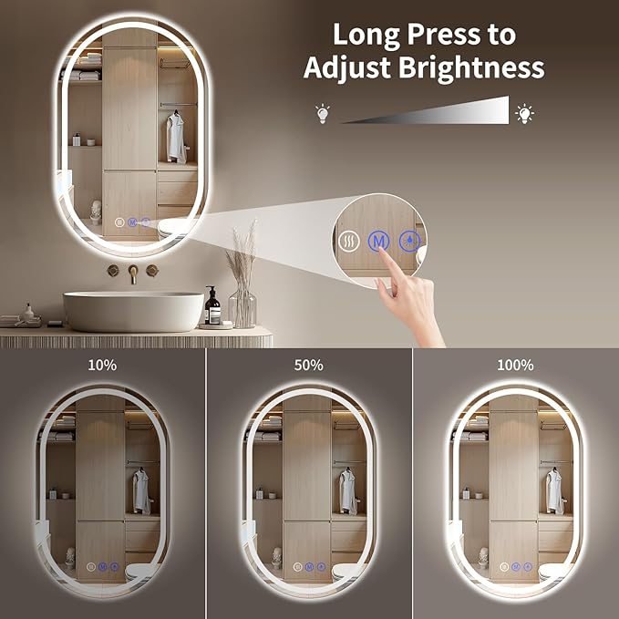 Oval LED Bathroom Mirror, 24"x 40" Frameless LED Mirror with Front Light and Backlit, Anti-Fog, Dimmable Modern Wall Mounted Lighted Mirror，Pill-Shaped Smart Mirror Bathroom