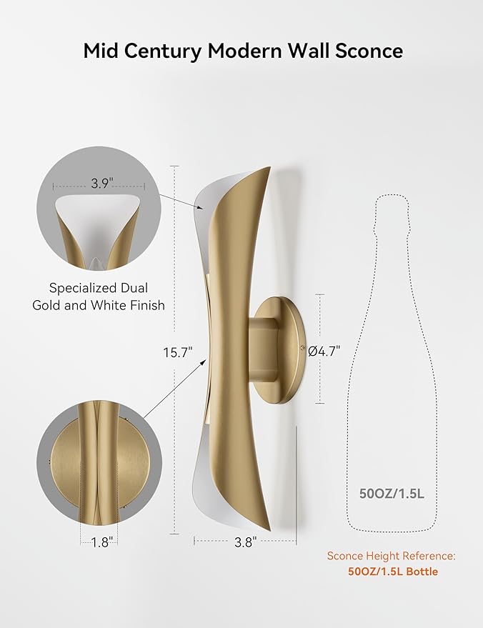 Tubicen Wall Sconce Gold Mid Century Modern Movie Theater Sconces Wall Lighting Up Down Hardwired Indoor Dimmable Wall Lights for Living Room Bedroom Hallway Stairway 15.7" H