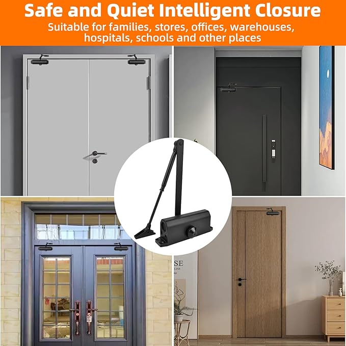 Closer Heavy Duty Automatic Door Closer (Silver Aluminum), Spring Loaded Hydraulic Automatic Door Closer with Adjustable Closing Speed and Force for Interior, Exterior Doors (Black)
