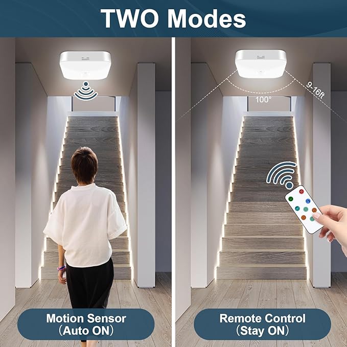 Motion Sensor Rechargeable Ceiling Light Indoor with Remote, Wireless Battery Operated Rechargeable Sensor Light for Closet, Garage, Hallway, 3000K-6000K Battery Powered Shower Lights