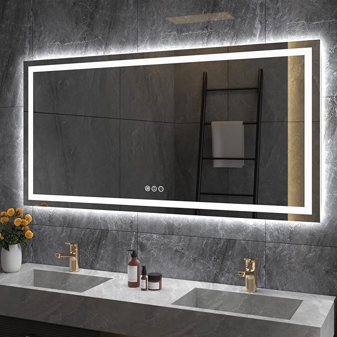 Amorho LED Bathroom Mirror, 60" X32" with Front and Backlight, Stepless Dimmable Wall Mirrors with Anti-Fog, Shatter-Proof, Memory, 3 Colors, Double LED Vanity Mirror