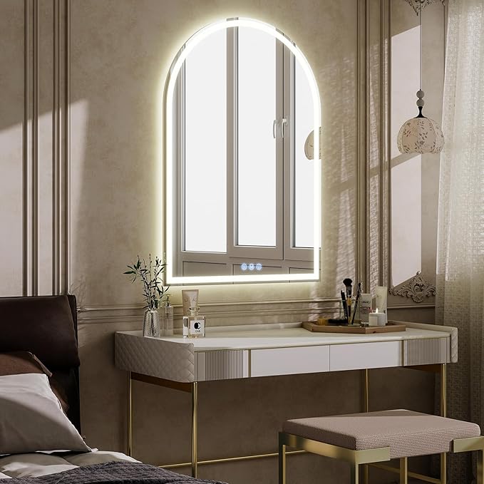 BEAUTYPEAK LED Arch Bathroom Mirrors with Lights, 36x24 Arch Mirror with Metal Frame, Anti-Fog,LED Mirror with Front Light and Backlit, Memory Function for Bathroom, Dressing Room
