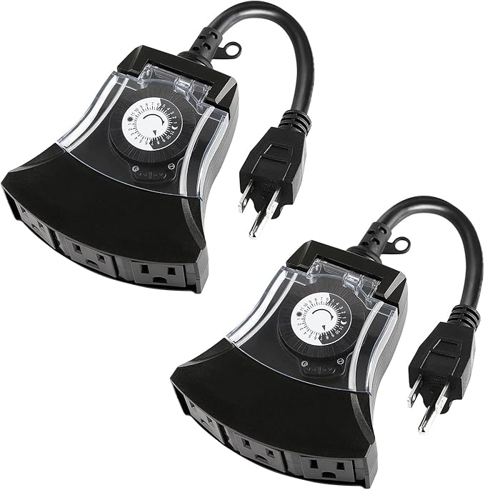 Outdoor Timer Outlet Waterproof, 24 Hour Mechanical Timer Outlet for Home and Garden, 3 Grounded, 15A 3/4HP, Black, 2 Pack