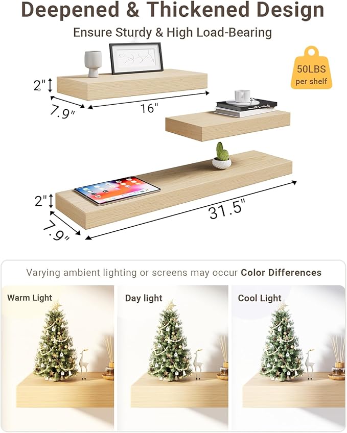White Oak Floating Shelf Set of 3 for Wall, 2 Inch Thick Wood Floating Shelves Wall Mounted, 8 Inch Deep Shelf for Kitchen Living Room Bathroom Laundry Office, 50LBS Capacity (16 & 31.5 in)