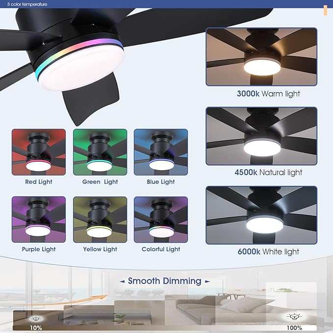 Ceiling Fans with Lights and Remote/APP Control, 41 inch Low Profile Ceiling Fan, 3 CCT LED Dimmable White Lights + RGB Ring Lights, 5 Reversible Plastic Blades 6 Speeds for Kidsroom, Black