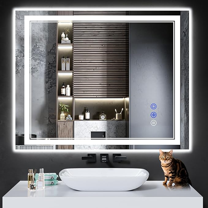 40"x32" LED Bathroom Mirror with Anti-Fog, Stepless Dimmable Lights, 3 Color Modes, Shatter-Proof Tempered Glass,Waterproof Design