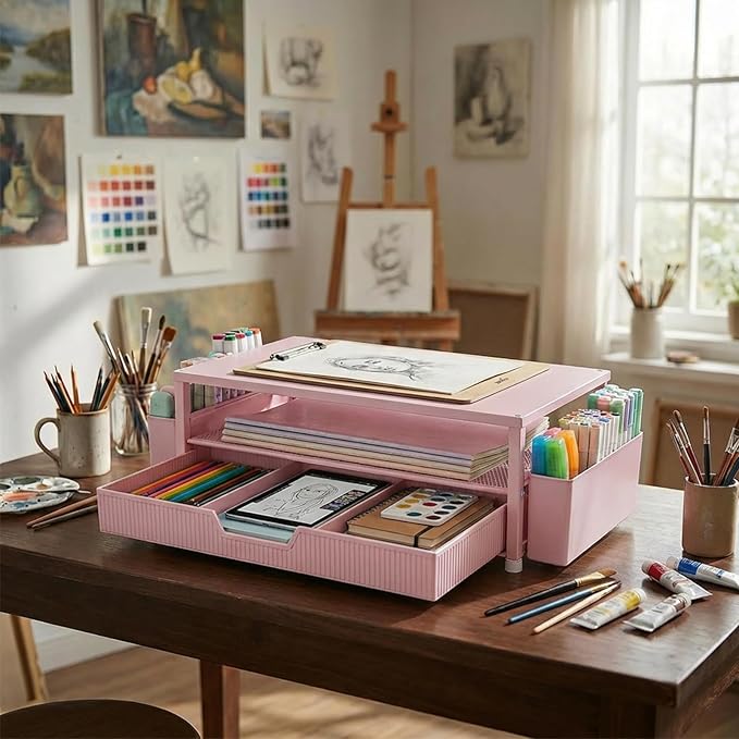 Desk Organizer and Accessories, 2-Tier Computer Monitor Stand Rise with Storage Drawer & 2 Pen Holders, Laptop & Printer Stand for Desktop, Workspace Organizers for Office Supplies (Pink)