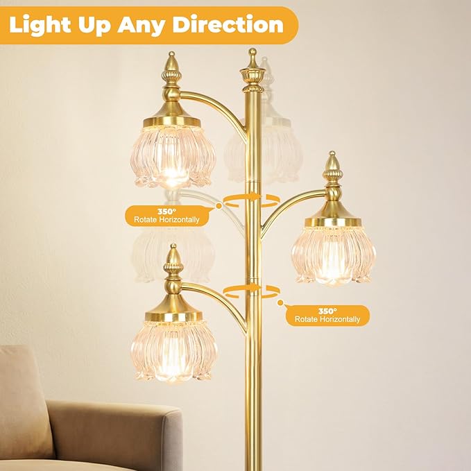 Floor Lamp Gold Glass Brass 66.5in Tall Standing Lamp for Living Room with 3 Brightness Lights Vintage Tree Flower Lamp for Bedroom Office(3LED Bulbs Included)