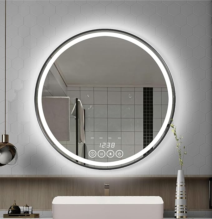 Wall-Mounted Round Bathroom Mirror with LED-Lights - Frame Vanity Mirrors (24" x 24", Black)