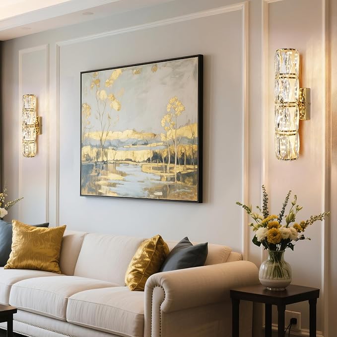Gold Crystal Wall Sconces, Modern LED Crystal Wall Light Fixtures with Remote, Luxury Vanity Wall Lamp Indoor for Bedroom Living Room Hallway Stairway Bedside, 3000K-6000K Dimmable