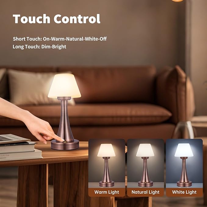 Waterproof Rechargeable Table Lamp for Shower & Outdoor, Cordless Touch Dimmable Nightstand Lamp with 3 Light Colors, Portable LED Light for Bedroom, Patio, Camping & Bar (Red Bronze)