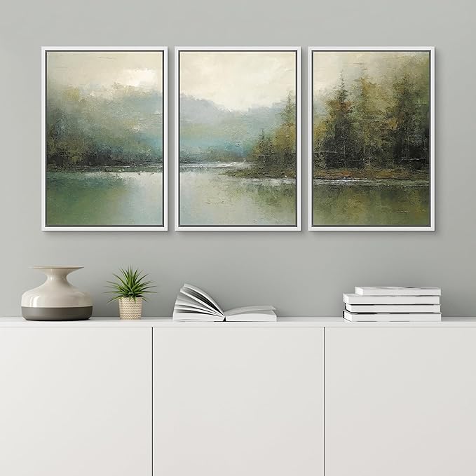wall26 Framed Canvas Print Wall Art Set Emerald Green Pastel Pine Tree Forest Nature Wilderness Illustrations Modern Art Decorative Rustic Relax/Calm Colorful for Bedroom - 16"x24"x3 White