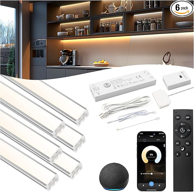 VST Smart Under Cabinet Lighting 6 Bars - UL Listed CRI 93+ Adjustable COB Strip Lights, Alexa & Google Home Compatible, App/Voice/Hand Wave Control for Kitchen Cabinets & Closets