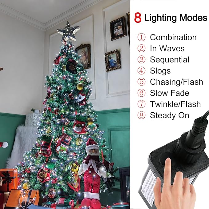 Indoor Christmas String Lights - 220 LEDs 82ft/25m 8 Modes End-to-End Plug in Outdoor Waterproof Decorative Fairy Twinkle Halloween Light for New Year/Tree/Wedding/Thanksgiving Day/Patio - Cool White