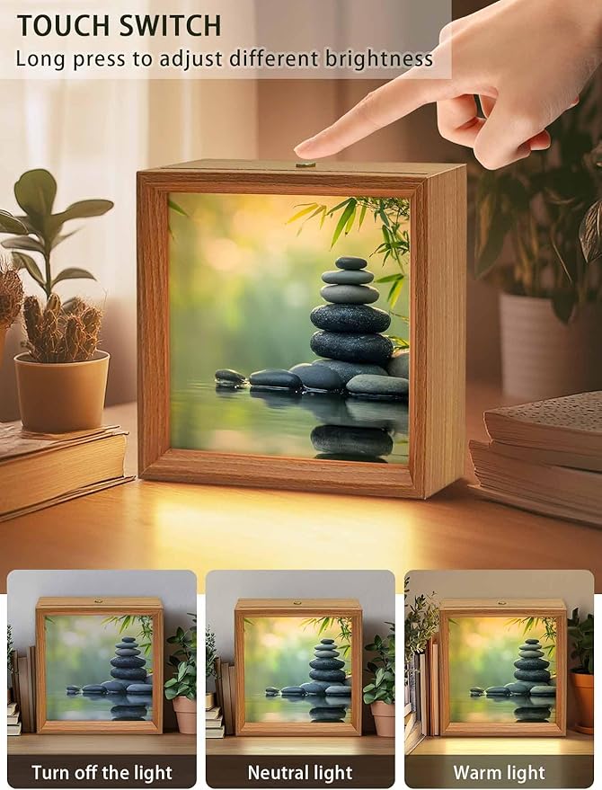 Wood Night Light Box 6.5x6.5in,Zen Meditation Stone Lake Table Lights Wooden Picture Frame with USB Rechargeable Touch LED Lights for Home Decor Desktop Display,Nature Landscape Still Life