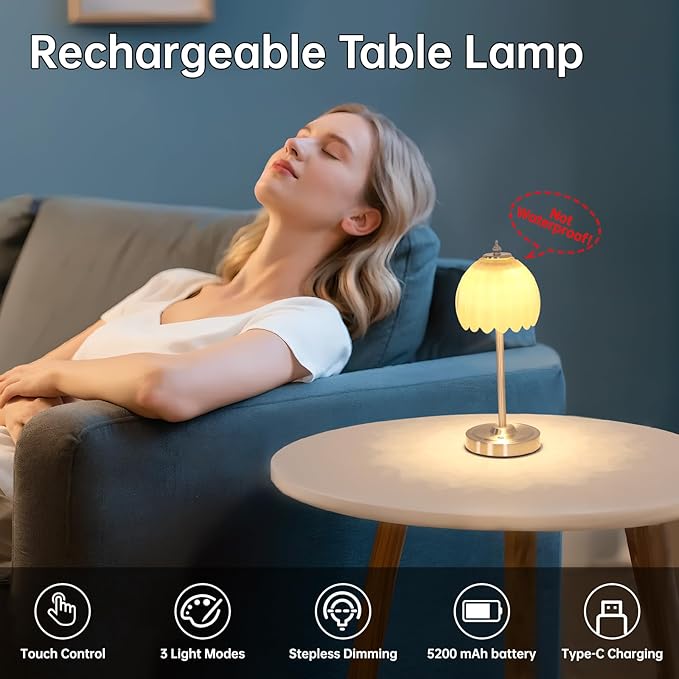 Tulip Table Lamp with 5200mAh Battery & Touch Control, Cordless Small Table Lamp with 3 Colors, Dimmable Rechargeable Table Lamps for Living Room, Bedroom, Desk, Bedside (Creamy Yellow Tulip)