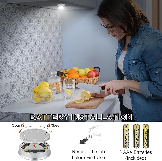 Wireless LED Puck Lights, Touch Activated Tap Ligh Push Light, Battery Operated Stick On Lights for Under Cabinet, Kitchen, Closet & Counters, 3-Pack, Silver (Included 3AAA Batteries)
