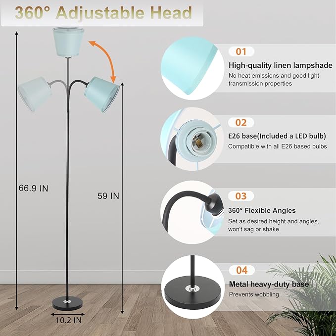 AoMck Floor Lamp, Industrial Metal Floor Lamps for Living Room with Adjustable Bendable 2 in 1 Reading Table Lamps for Living Room Bedroom Office (B+Green Shade)