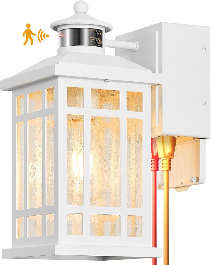 White Motion Sensor Outdoor Lights with GFCI Outlet, Distance and Time Adjustable Exterior Lighting Fixtures, Dusk to Dawn Outside Light for House, Porch, Garage, 5 Modes, Waterproof, Anti-Rust