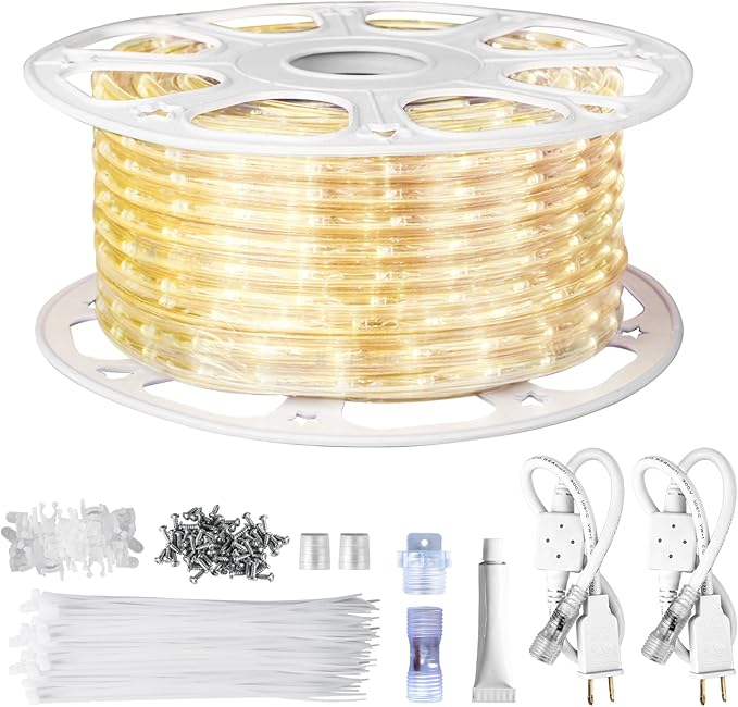 SURNIE LED Rope Lights Outdoor Warm White, Waterproof 100FT Cuttable 3000K Soft Lighting Indoor 110V Connectable Flexible Clear Tube for Bedroom Outside Garden Deck Patio Camping Decor, Not Flat Strip