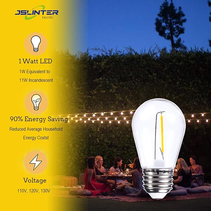 Jslinter 15 Pack Edison Bulb String Lights Outdoor, S14 Replacement Bulbs for Outdoor String Lights Waterproof 1W, E26 Base Led Light Bulb, 2700K Warm White Light Bulbs for Patio