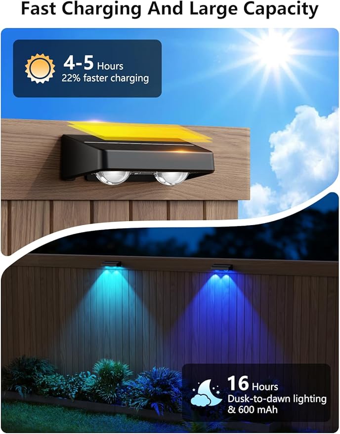 Solar Fence Lights Outdoor, 16 Pack Color Changing Fence Lights Solar Powered with 9 RGB Colors & 11 Lighting Modes, IP65 Waterproof Dusk to Dawn Fence Lights for Patio, Deck, Wall, Backyard