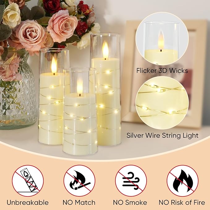 Raycare Flameless Candle with Remote Timer, 7 Flickering Acrylic Battery Operated LED Pillar Candles with Embedded Star String for Valentine's Day, Home Decor, and as a Gift(Ivory)