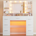 Vanity Desk with Mirror and Lights, Large Glasstop Makeup Vanity Desk with 7 Drawers and Power Outlet, 6 Open Shelves, White