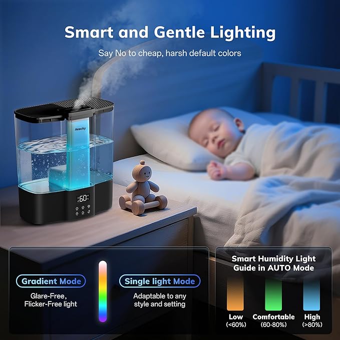 Geek-Level Aeocky Humidifier for Baby, Quiet Ultrasonic Humidifiers for Bedroom, Nursery with Ambient Light, 4L Top-Fill Cool Mist Diffuser with Timer, Sleep, Auto, Constant Humidity Mode (Black)